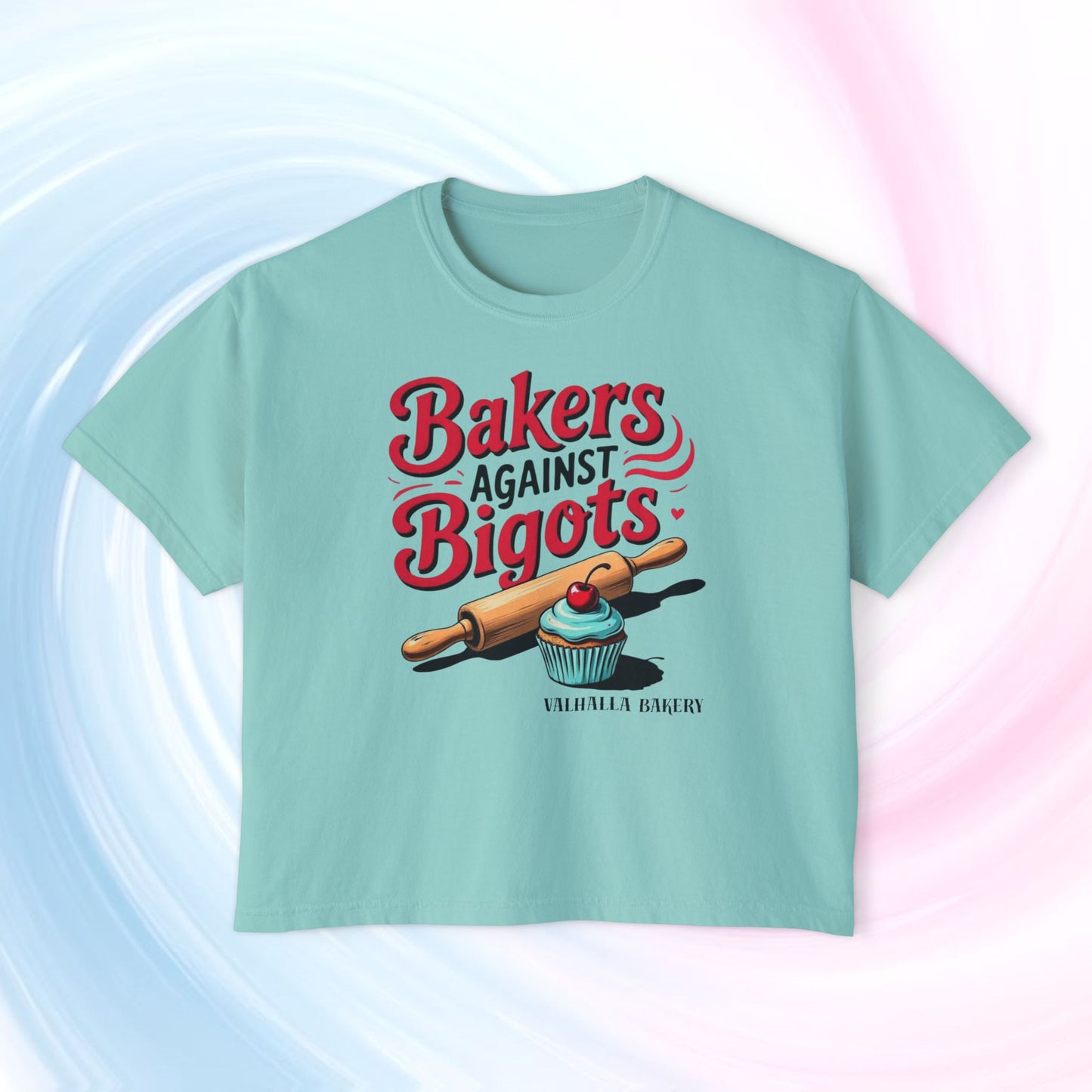Bakers Against Bigots Women's Boxy Tee, Comfortable Cotton Top, LGBTQ+ Pride Apparel, Baking Lover Gift, Empowering Statement Shirt