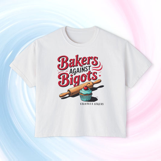 Bakers Against Bigots Women's Boxy Tee, Comfortable Cotton Top, LGBTQ+ Pride Apparel, Baking Lover Gift, Empowering Statement Shirt