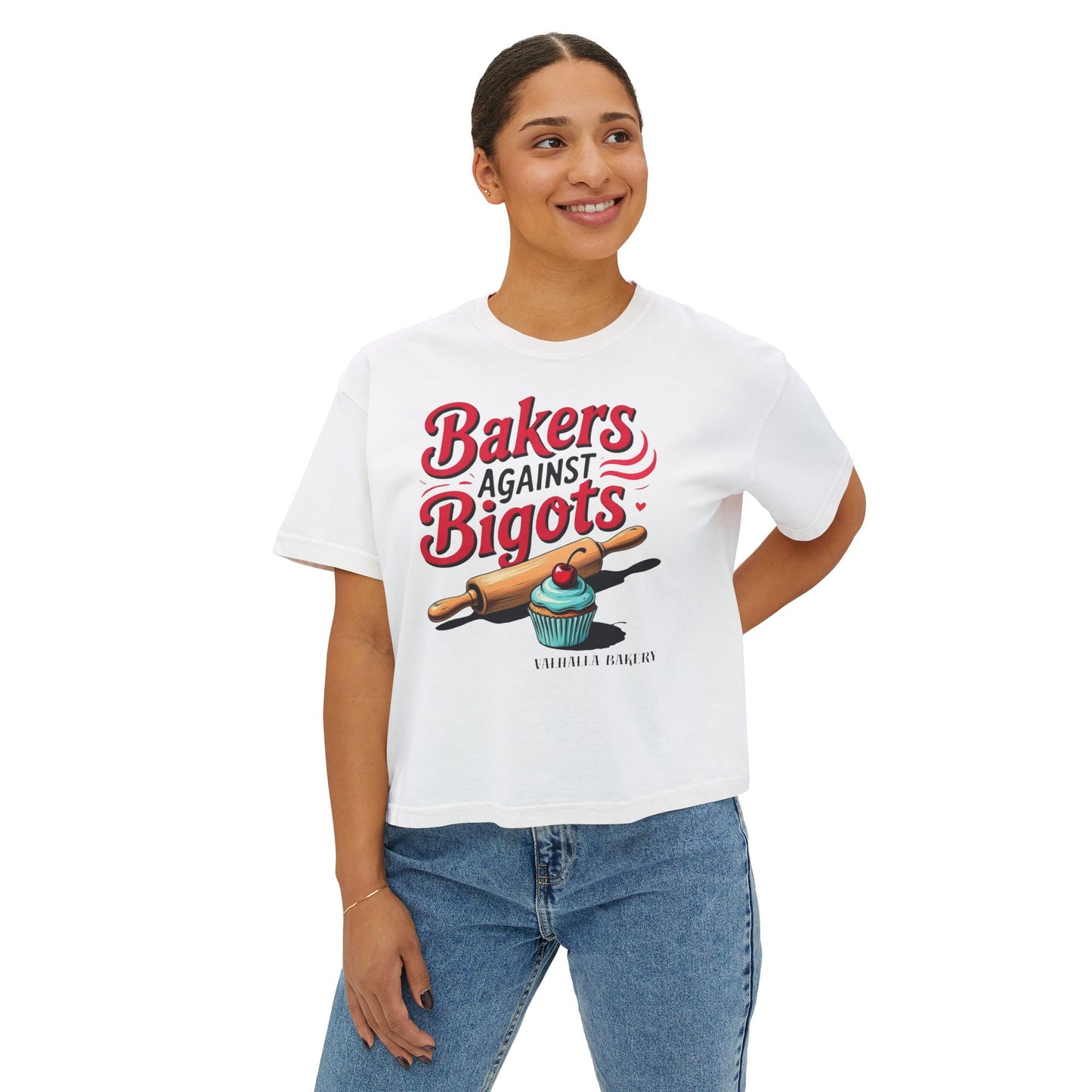 Bakers Against Bigots Women's Boxy Tee, Comfortable Cotton Top, LGBTQ+ Pride Apparel, Baking Lover Gift, Empowering Statement Shirt