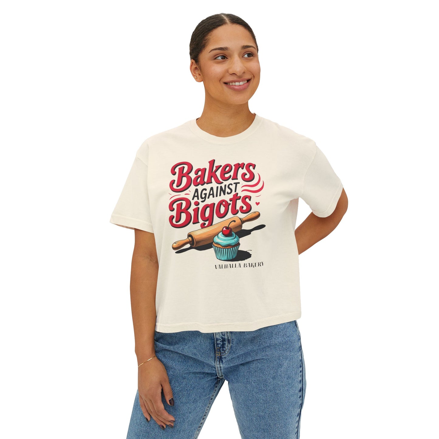 Bakers Against Bigots Women's Boxy Tee, Comfortable Cotton Top, LGBTQ+ Pride Apparel, Baking Lover Gift, Empowering Statement Shirt