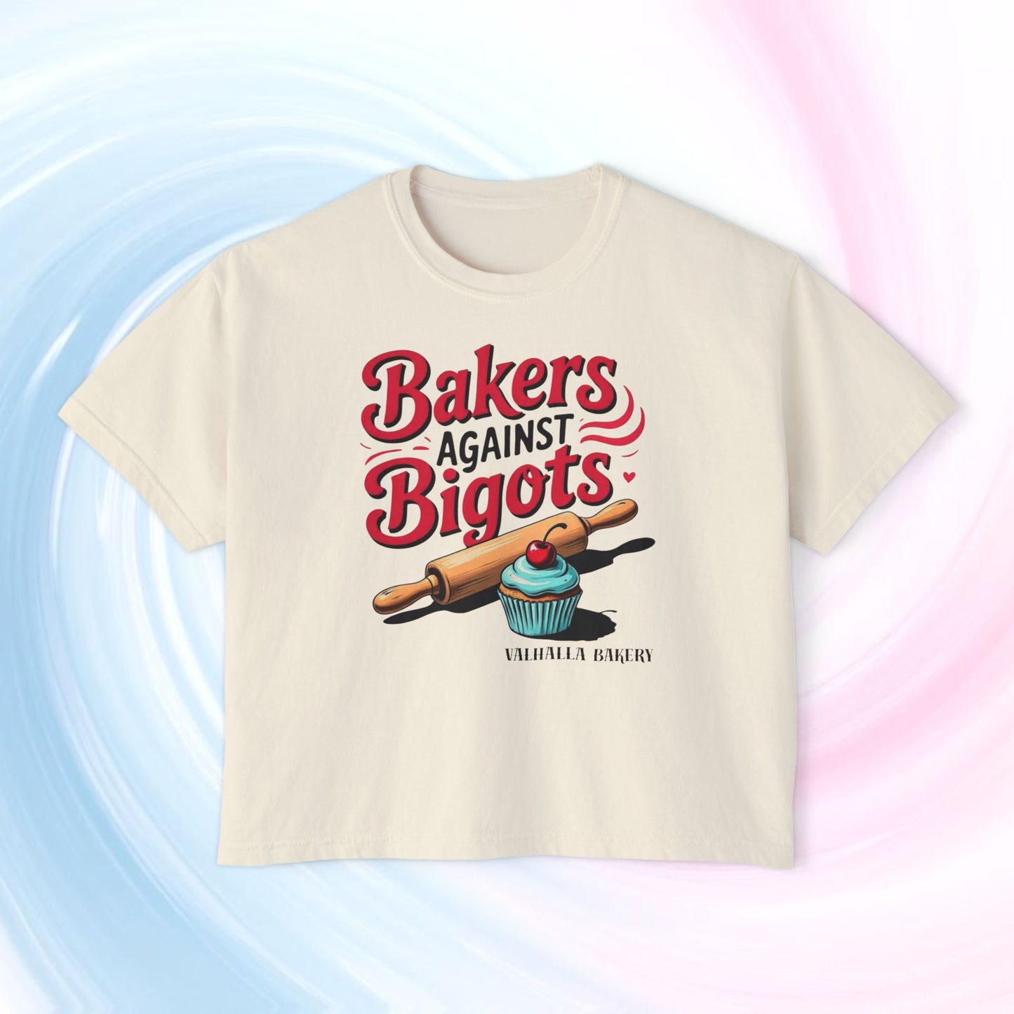 Bakers Against Bigots Women's Boxy Tee, Comfortable Cotton Top, LGBTQ+ Pride Apparel, Baking Lover Gift, Empowering Statement Shirt