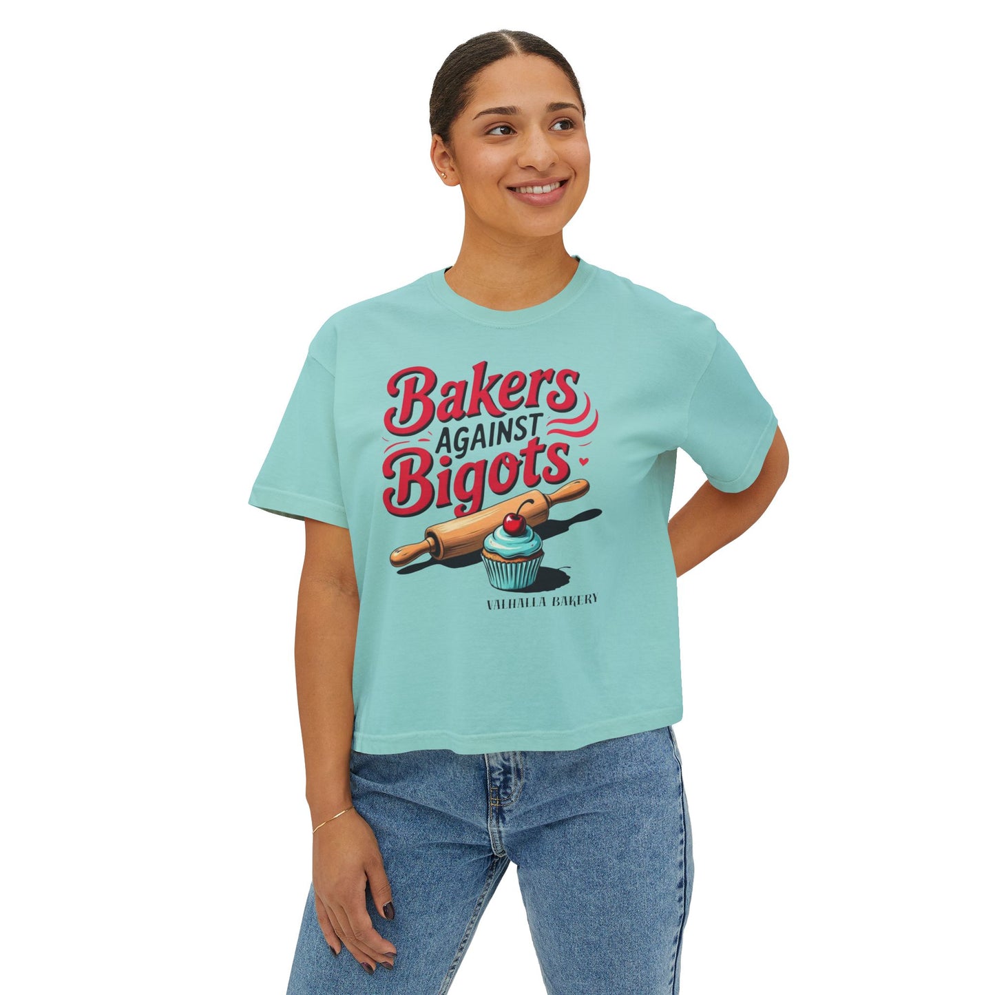 Bakers Against Bigots Women's Boxy Tee, Comfortable Cotton Top, LGBTQ+ Pride Apparel, Baking Lover Gift, Empowering Statement Shirt