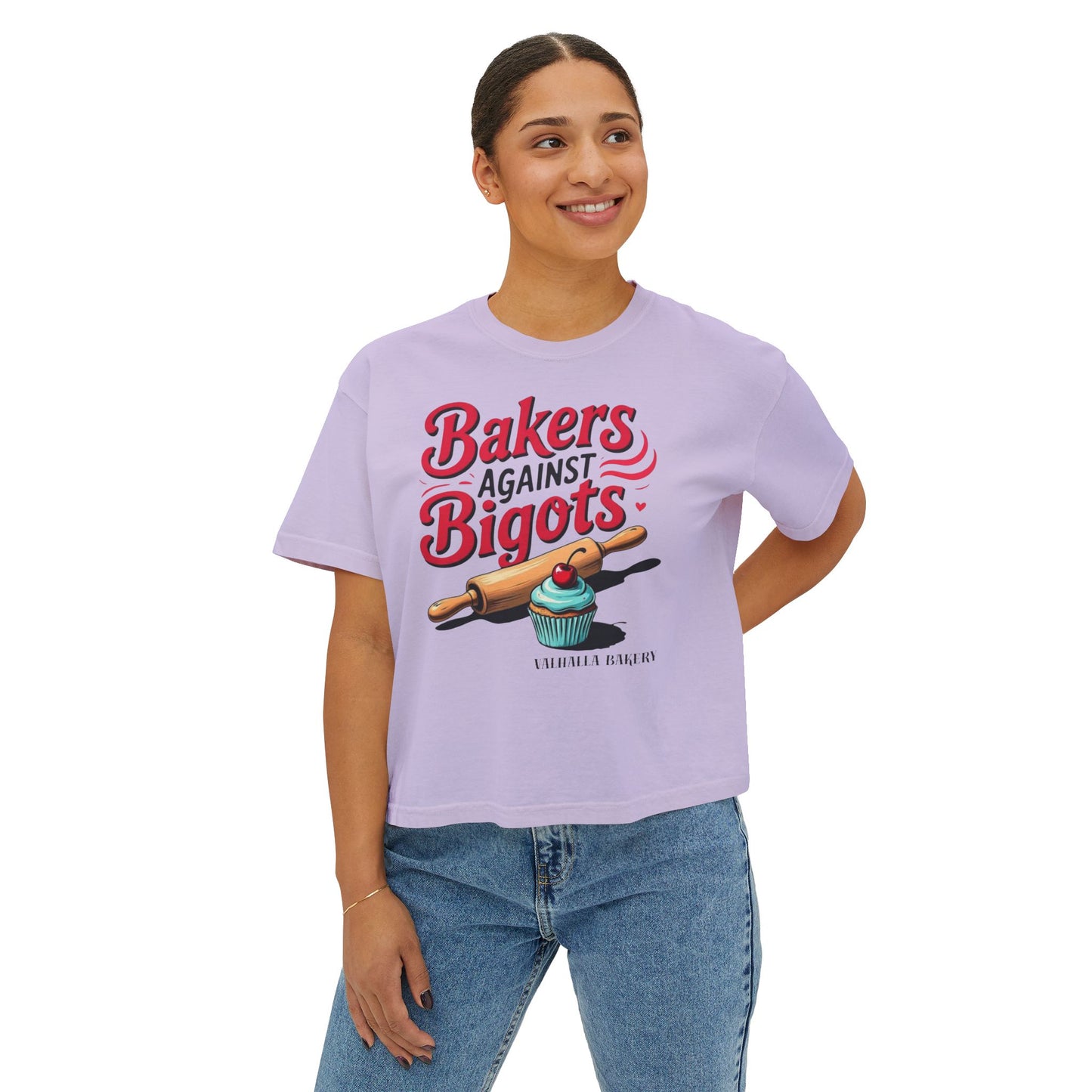 Bakers Against Bigots Women's Boxy Tee, Comfortable Cotton Top, LGBTQ+ Pride Apparel, Baking Lover Gift, Empowering Statement Shirt